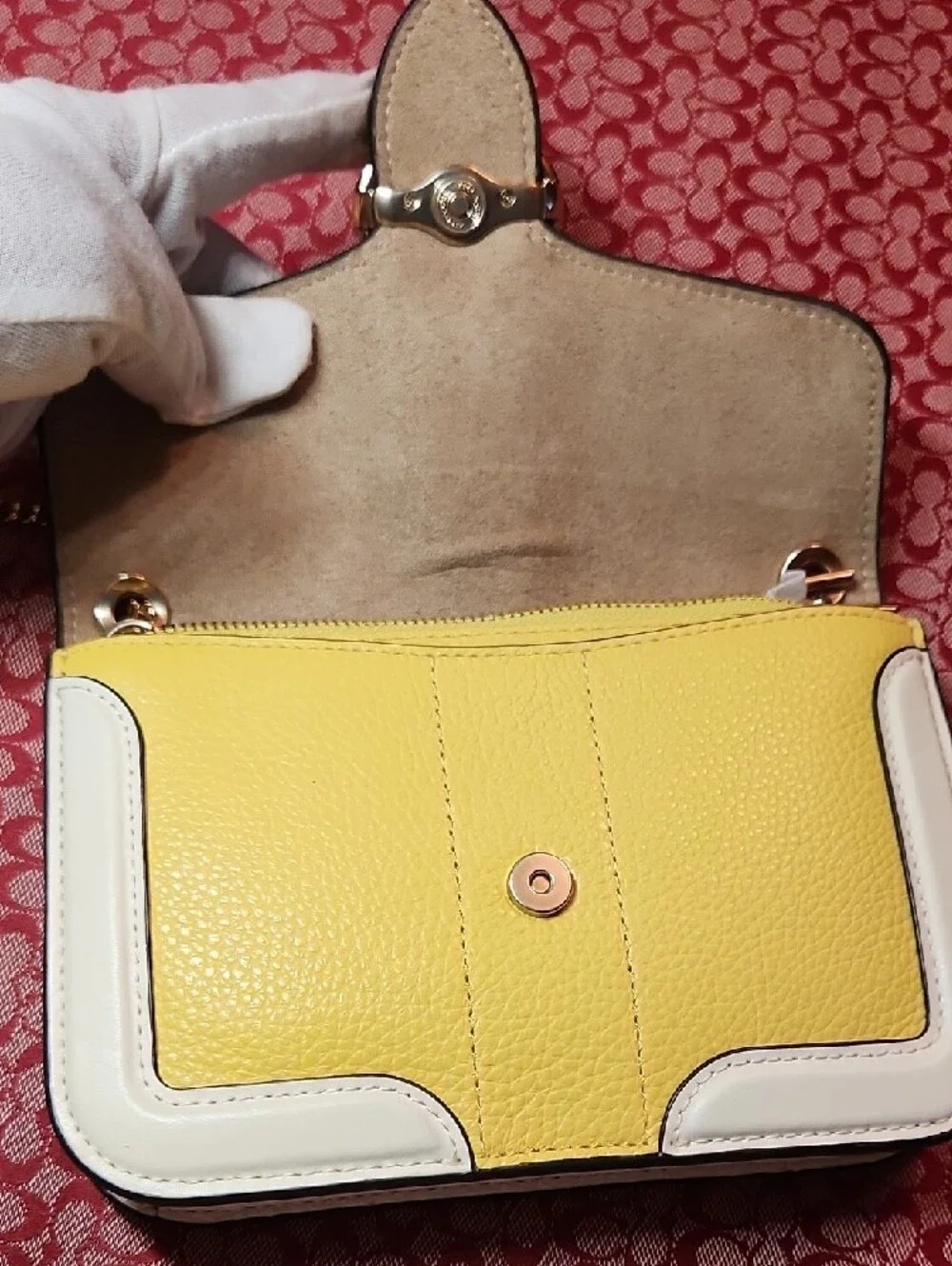 Coach Yellow and White Leather Crossbody with Gold Chain